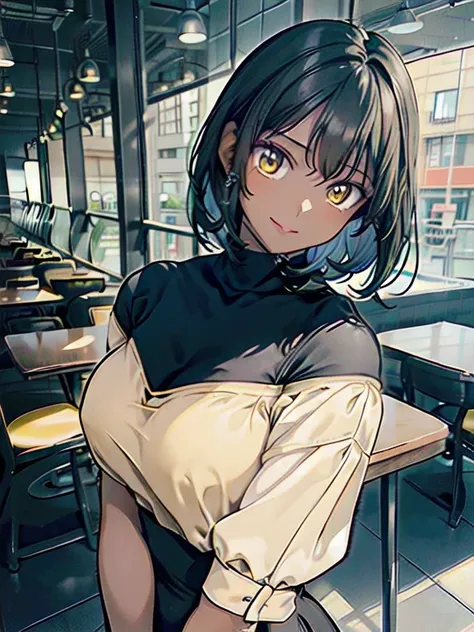 masterpiece, best quality, dark skin, short hair, yellow eyes, black hair, beautiful girl, casual clothes, thin, full body, plan boobs, short boobs, small boobs, short chest, big butt, wide thigh, drinking coffee in a cafeteria, super soft lighting, daylig...