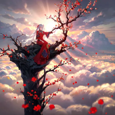 (masterpiece:1.2),best quality,pixiv,elaina,chinese weddingdress,1girl,long hair,dress,branch,red dress,cloud,sky,petals,tree,re...