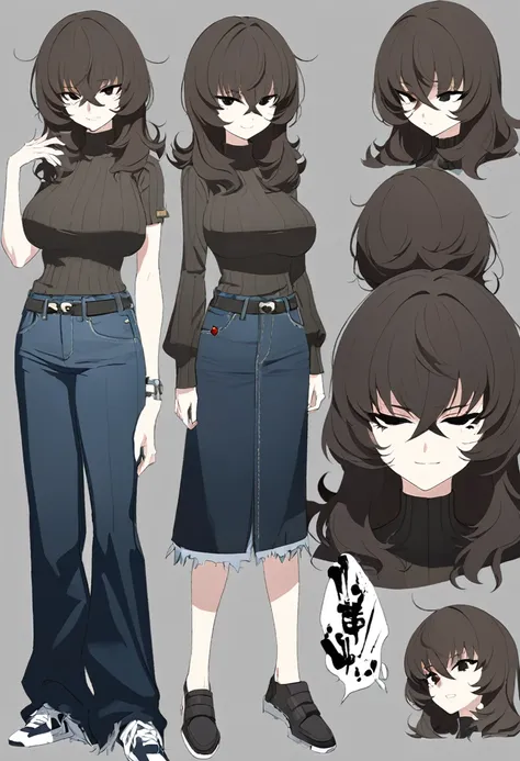 one woman,downer,older sister,concept art,dark brown hair,straight hair with slight inward curls,staring eyes,eye ridge,black ey...