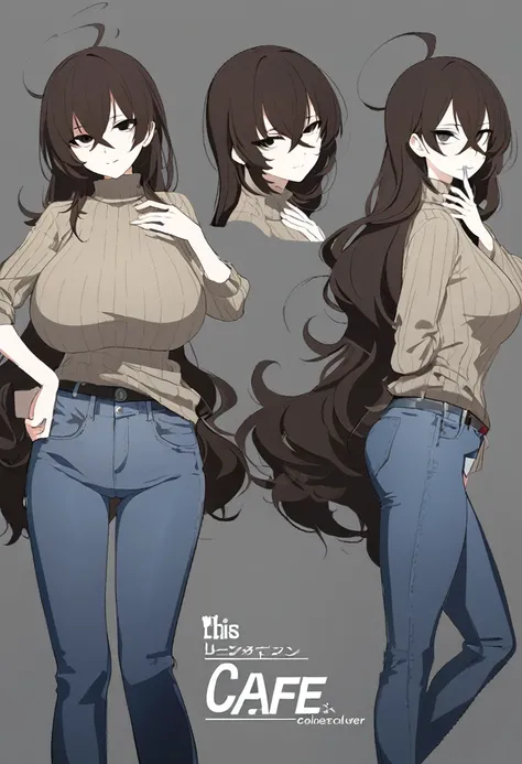 One Woman,Downer,older sister,Concept Art,Dark brown hair,Straight hair with slight inward curls,Staring eyes,Eye Ridge,black eye,Crossed bangs,whole body,smile,Larger breasts,Gray background,Bangs that reach down to the eyes,Messy hair,Perfect dark jeans,...