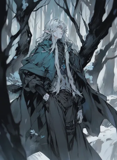 young man ,Male Dark, dark Woods, cold colors, Elf man , Warlock dnd