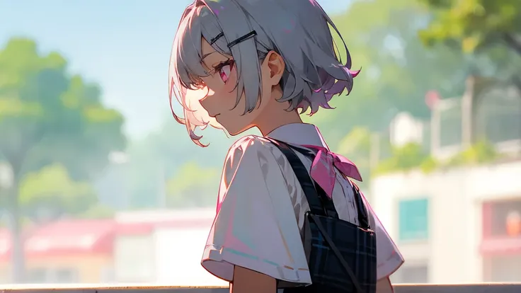 Silver short hair and bob hair、Hair tied with a hair clip..、Pink Eyes、white blouse shirt、Tartan Check Skirt、profile、Upper body close-up、A cafe terrace with sharp contours、Background Blur、Written boundary depth