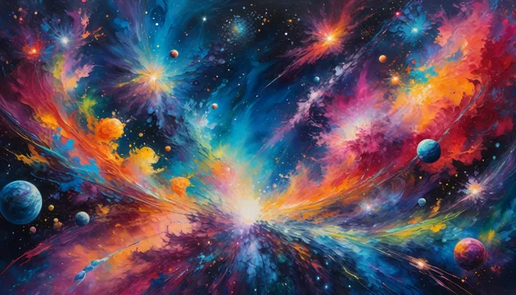 Vibrant, hyper-textured acrylic painting of a space painting bursting with intensely bright vivid colored galaxies and nebulae in a vertical composition, ultra impasto brushstrokes, Monet-inspired, dreamy ambiance, planetary abundance, intricate details