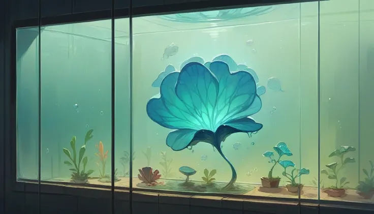 Large Aquarium glass wall illuminating with a blue glow in a dark room, cinematic ultra realistic 8k quality 