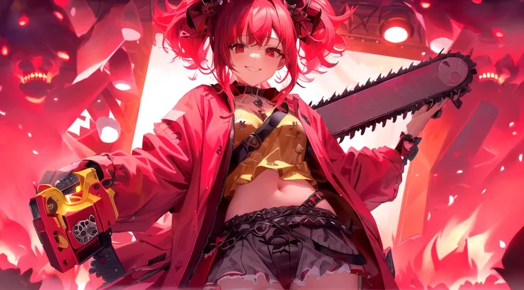 smile、In his left hand he is holding a microphone with a skeleton design.、In her right hand she holds a cutely decorated chainsaw、Cute devils go wild against the backdrop of a hellish setting, with flames and red lights scattered throughout the darkness cr...