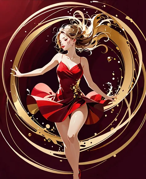 1 girl abstract,Splashes of golden color swirling in circles,dark red background