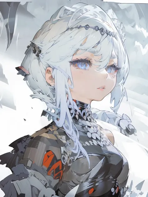 White Hair,White eyelashes,White Eyes,looking at the camera,Black long shirt,Realistic clothing drawing,Drawing range is from the waist up,An ennui look,Gazing somewhere far away,Fleeting atmosphere,Her hair is long and straight.,Smoke is shining,Wearing f...