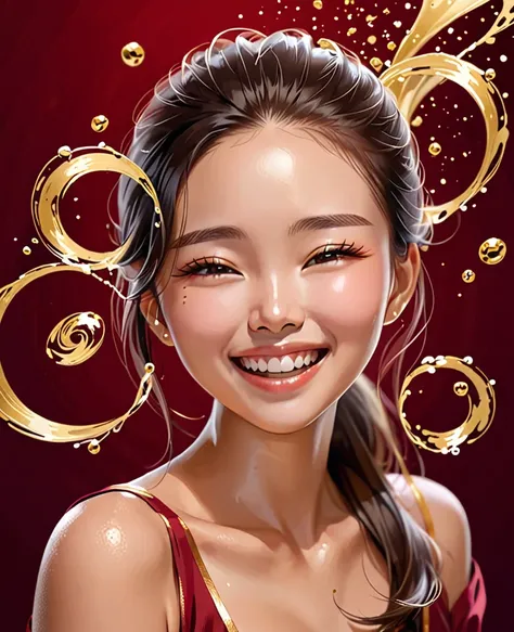 Realistic portrait photos,young asian woman Sweet, cheerful smile,Splashes of golden color swirling in circles,distribution of gold,dark red background