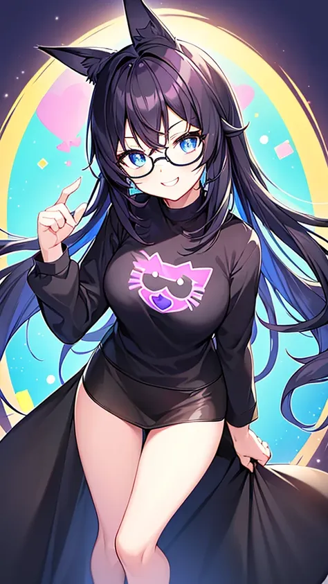 an 18-year-old cat girl with long black hair with purple ends, blue eyes, chest, and round-shaped glasses. (black t shirt, black...