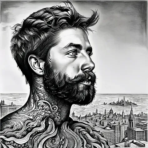 arafed drawing of a man with a beard and a city in the background, highly detailed surrealist art, insanely highly detailed artw...