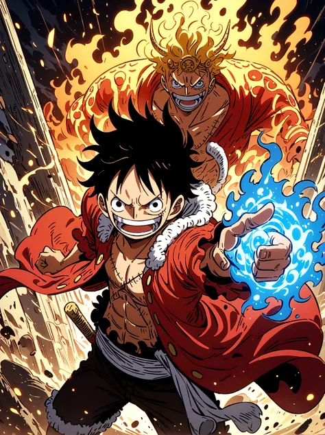 create an exciting poster with luffy from "one piece" em um ataque de raiva, wolf-headed. capture the essence of his fiery deter...