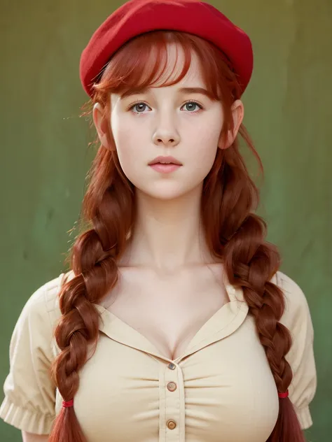 (best quality,4k,8k,highres,masterpiece:1.2),ultra-detailed,(realistic,photorealistic,photo-realistic:1.37), ((classroom, school girl, she wears beret, shy, braided red hair, pale skin)), ((slim body, very large bust size for her young age))