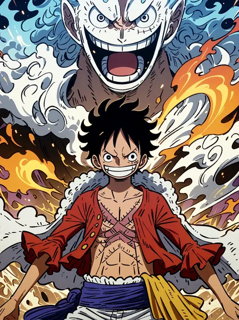 create an exciting poster with luffy from "one piece" em um ataque de raiva, wolf-headed. capture the essence of his fiery deter...