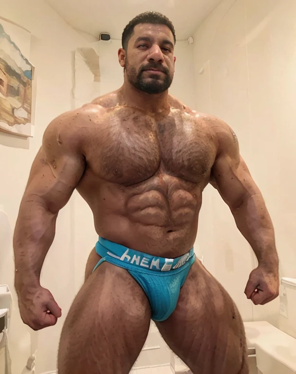 A ((powerful bodybuilder, as bodybuilder Hadi Choopan)), ((aged 55 years old)), ((exaggerated muscular thick body physique and pumpes veins)) clad in (Greek God outfit) exuding confidence as he strikes a astonishing standing pose. ((His body is really trul...