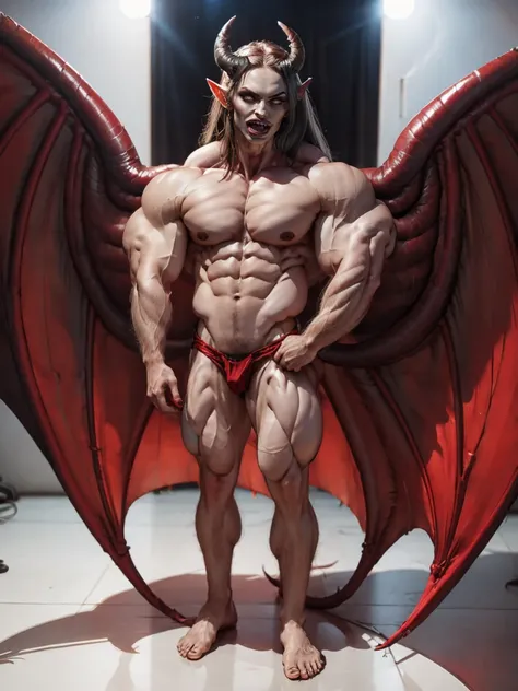 (megan fox), ((((((1 muscular demon girl)))))), (((huge upper body))), long hair, ((((huge demon wings))), (((pale skin))), (((sharp teeth, Huge horns, large nails))), navel, ((((full body front view))))