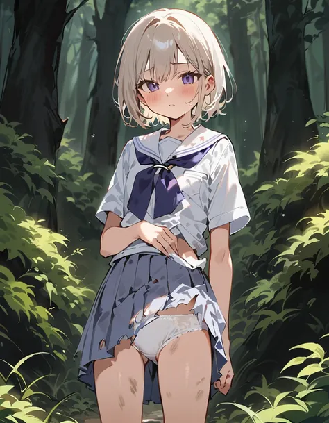 beautiful detailed girl,(masterpiece,best quality,extremely detailed:1.2),((cowboy shot:1.1)),(solo,10 years old,kawaii,slender,small breasts:1.25),(pained look:0.8),((white underwear) in ((Torn school uniform)):2),(dirty:2),blush,shy,weep,standing,(deep f...