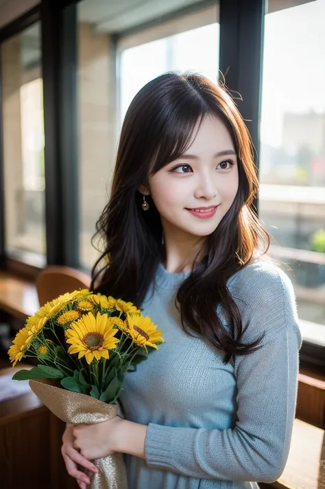 (8k, RAW Photos, highest quality、masterpiece:1.2), (Realistic、Realistic:1.37), Very detailed, High resolution, 1 girl, Laughter, View your viewers, dress, Beautifully detailed face、(Holding a bouquet:1.3),Beautiful and detailed skin、Skin Texture、Floating H...