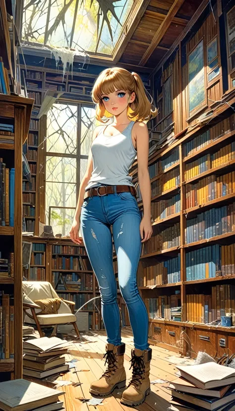 great view of an abandoned library, in it a pretty girl, explorer, exploring a large library room in an abandoned house, jeans and tank top, hiking boots, all old and full of dust and cobwebs, 80s, large library , lots of details (art inspired by Bill Sien...