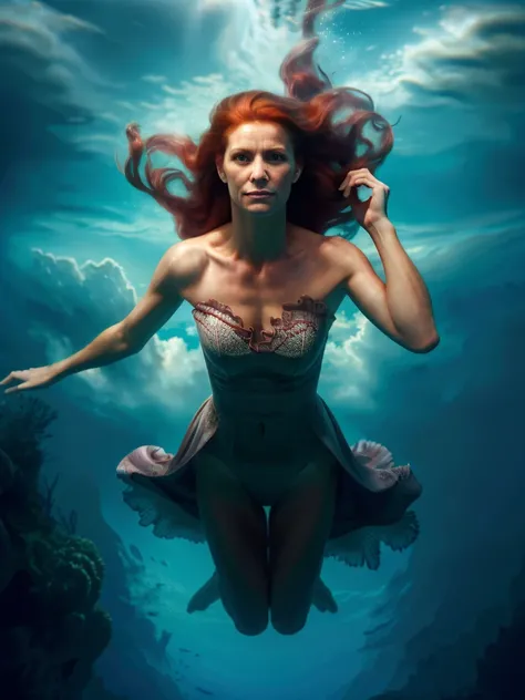 underwaterstyle, partially submerged 56yo woman, long red hair floating in the water, ((best quality)), ((masterpiece)), (detailed), soft colors, (detailed cloudscape:1.3), (high-resolution:1.2), movie rated, high quality, circling, delicate wings, castle,...