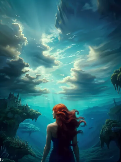 underwaterstyle, partially submerged 56yo woman, long red hair floating in the water, ((best quality)), ((masterpiece)), (detailed), soft colors, (detailed cloudscape:1.3), (high-resolution:1.2), movie rated, high quality, circling, delicate wings, castle,...