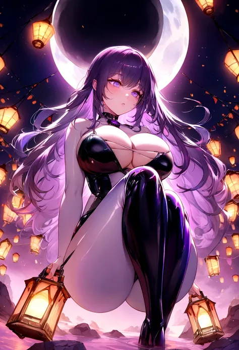 Create a digital artwork of a voluptuous female character with massive breasts in an anime-inspired style. The character should have long, flowing purple hair and large, expressive purple eyes. She should be wearing a tight white corset that accentuates he...