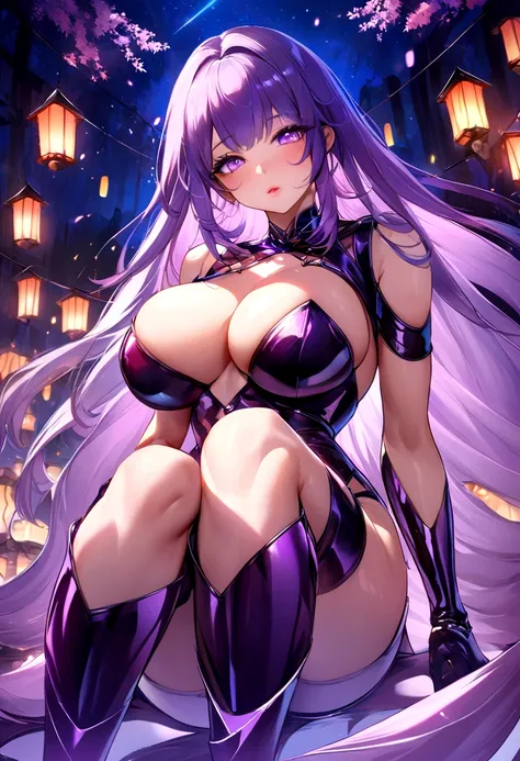 Create a digital artwork of a voluptuous female character with massive breasts in an anime-inspired style. The character should have long, flowing purple hair and large, expressive purple eyes. She should be wearing a tight white corset that accentuates he...