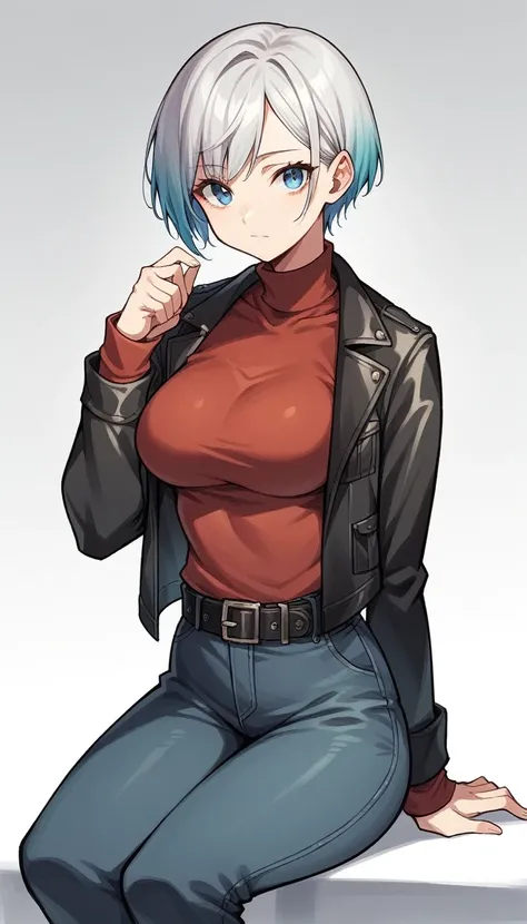 1girl, solo, blue_eyes, pants, jacket, sitting, sweater, belt, looking_at_viewer, black_pants, grey_hair, white_background, black_belt, short_hair, black_jacket, simple_background, closed_mouth, long_sleeves, multicolored_hair, gradient_hair, breasts