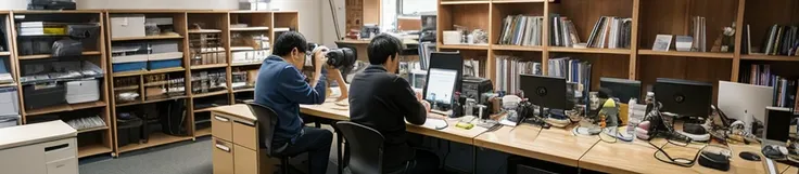 ・There are a large number of cameras and lenses lined up on the shelves. ・At a workbench in the back of the office, a Japanese woman and man are taking photos of cameras and lenses.