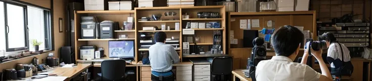 ・There are a large number of cameras and lenses lined up on the shelves. ・At a workbench in the back of the office, a Japanese woman and man are taking photos of cameras and lenses.