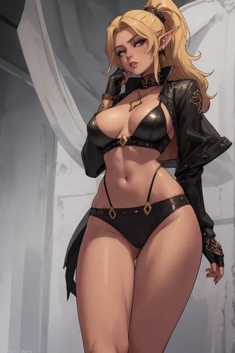 8K, Top Quality, Intricate Details, Ultra Detail, Ultra High Resolution, Masterpiece, full body, Very tall, dark skinned female elf; slender, blonde hairs and incredible long ponytail; strong makeup; brown eyes; small pointy breast; sensual midriff; wearin...