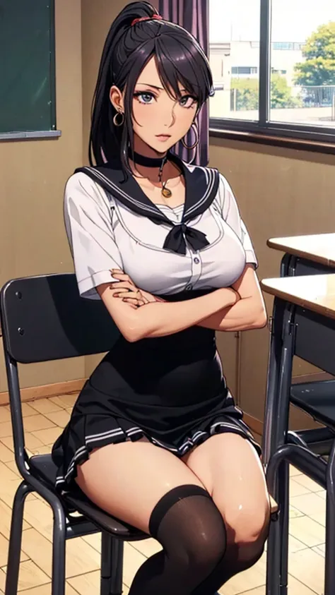 (((highest quality, High resolution, , Pixel Perfect, 4K))),((Correct Anatomy))、((Sailor suit))、(((School Chair))), ((highest quality)), ((Complex and detailed)), ((Black knee-high socks)), ((Mini Pleated Skirt))、An absurd solution, Mature Woman, Mature Wo...