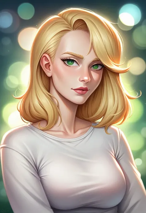 woman blonde hair green eyes and pink batm and a black top, realistic art style, RossDraws portrait, Artgerm portrait, Anime realistic artstyle, 4K realistic digital art, 4K realistic digital art, 8K Artgerm Bokeh, DeviantArt Artstation CGScosiety, ArtGerm...