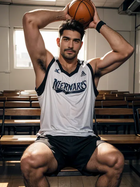 smile, short hair, black hair, brown hair, black hair, sitting, male focus, multiple , shoes, shorts, arms, wristband, sneakers, sportswear, bench, basketball, basketball uniformanother, chest hair, , navel hair, leg hair, armpit hair, hairy, （Chest hair：1...