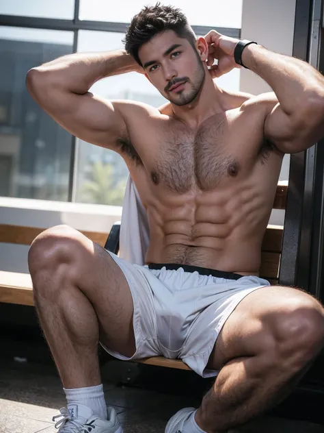 smile, short hair, black hair, brown hair, black hair, sitting, male focus, multiple , shoes, shorts, arms, wristband, sneakers, sportswear, bench, basketball, basketball uniformanother, chest hair, , navel hair, leg hair, armpit hair, hairy, （Chest hair：1...