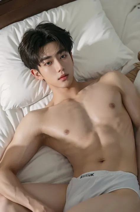 (best quality:1.4), (ultra highres:1.2), (photorealistic:1.4), (8k, RAW photo:1.2), Realistic handsome Japanese guy, muscle, fit, 18 years old, shirtless, topless, wear jockstrap, bedroom, sleep on bed, top view