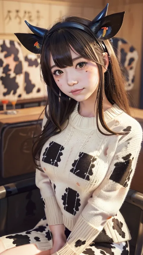 Masterpiece, bokeh, 4K, Beautiful high school girl, (Japanese idle:1.6), (cow pattern sweater:1.3), (Cat ears:1.3),  (Big cows:1.6), sundown classroom,