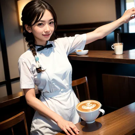 looking at viewer,cinematic light, ultra high res, 8k uhd, film grain, 40 years old cute and beautiful waitress,asian, at cafe,white apron,brown shirts,tan skin,braid, black hair,standing,ultra-detailed eyes, gradient eye,smiles,open mouth,shiny brown eyes...