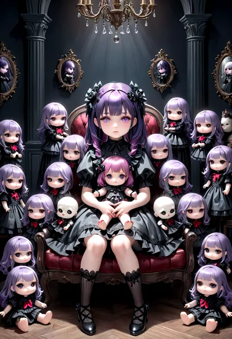 a cute goth lolita girl with purple hair and purple eyes, sitting in a dark room, holding a cursed doll, surrounded by dolls, full body shot, (best quality,4k,8k,highres,masterpiece:1.2),ultra-detailed,(realistic,photorealistic,photo-realistic:1.37),vivid ...