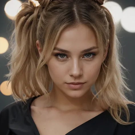 an eye contact of a blond with bun hair and dark theme in bikini