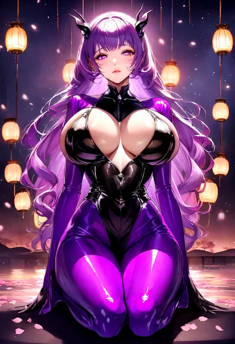 Create a digital artwork of a voluptuous female character with massive breasts in an anime-inspired style. The character should have long, flowing purple hair and large, expressive purple eyes. She should be wearing a tight black corset that accentuates he...