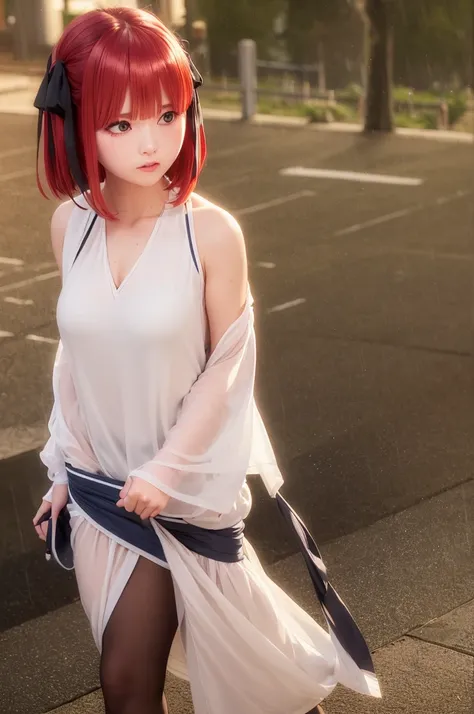 nino nakano, short hair, bangs, blue eyes, hair ornaments, Hair Ribbon, Pink Hair, blunt bangs, Both sides up, butterfly hair ornaments, skirt, Off the shoulder、Random color see-through kunoichi costume、Japanese see-through female samurai costume、、See-thro...