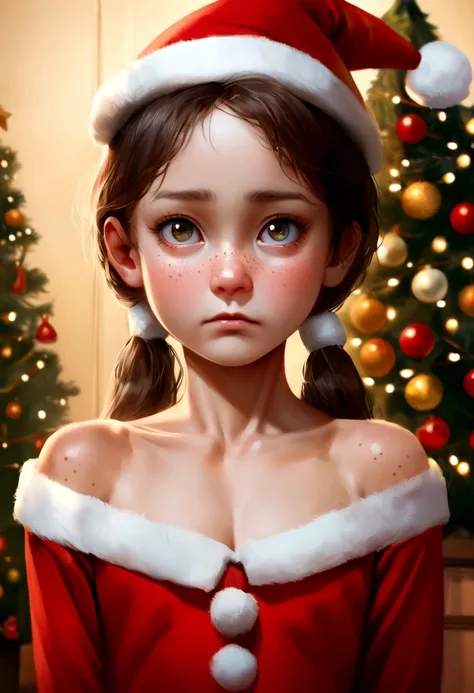 Full body portrait of an embarrassed Beautiful russian 10 years old girl, embarrassed look, face with freckles, freckled nose, wearing an embarrassing and humiliating santa costume, christmas tree, canon 50 mm, realistic portrait, highly detailed, analog s...