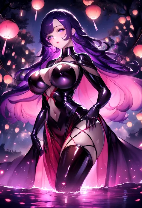 Create a digital artwork of a voluptuous female character with massive breasts in an anime-inspired style. The character should have long, flowing purple hair and large, expressive purple eyes. She should be wearing a tight red corset that accentuates her ...