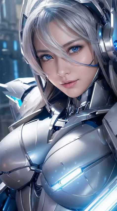 ((Extreme close up:1.6))、(((Lenses shining on both breasts:1.3)))、((Blue pillars of light radiate from both of his chests..:1.3))、break、(((Dynamic pose:1.8)))、smile、((8k)), ((32k)), ((highest quality)), ((masterpiece)), ((超A high resolution)), ((Tmasterpie...