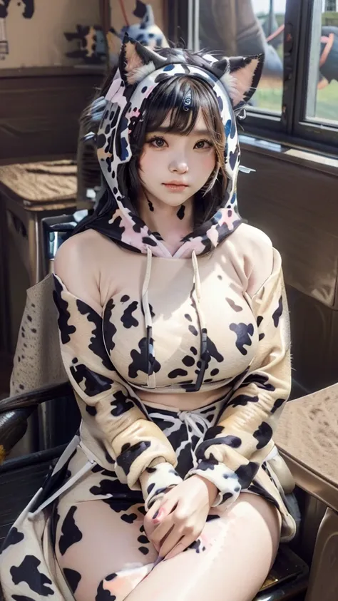 Masterpiece, bokeh, 4K, Beautiful high school girl, (Japanese idle:1.6), (cow pattern Hoodie:1.3), (Cat ears:1.3),  (Big cows:1.6), sundown classroom,