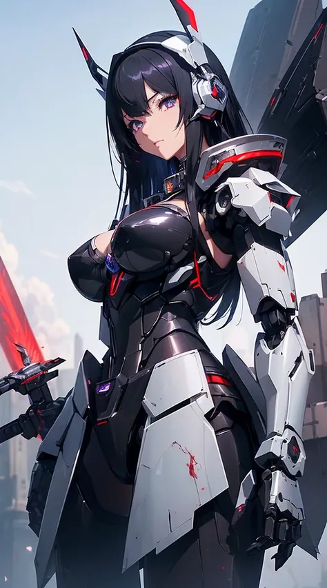 ((Shining lenses on both breasts:1.3))、((Pillars of red light radiate from both chests..:1.3))、((Attack pose:1.6))、((He has a red sword and a long rifle:1.6))、((Battle Scenes:1.8))、((8k)), ((32k)), ((highest quality)), ((masterpiece)), ((超A high resolution...