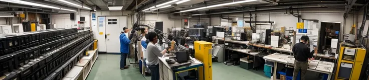 ・Cameras and lenses are lined up on racks along the wall. ・An Asian woman and man are photographing cameras and lenses at a workbench.