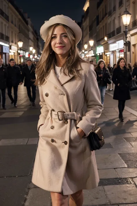 jennifer aniston, Italian girl 55 years old, beautiful, wonderful, walk in the center of Paris, 1 girl, real, very high resolution, 8k, elegant coat, luxury, Champs-Élysées, pearl earrings, elegant hat, evening, red lipstick, light smile