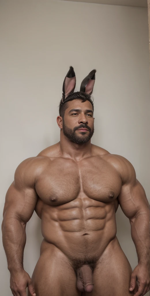 1boy, solo, facial hair, male focus, bulge, pectorals, bara, muscular, mature male, muscular male, abs, beard, nipples, short hair, navel, stomach, large pectorals, thick eyebrows, bare pectorals, dark-skinned male, animal costume, erection, thighs, erecti...