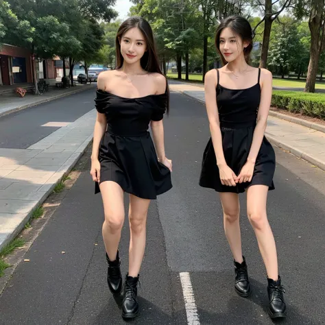 (a photo of the night sky), (a photo of a nighttime landscape), (black dress), (a girl pretty girl with perfect figure), (Short flared dress), (cotton spaghetti-strap top), (strapless dress), (short black summer wedding dress), (32K,1 20-year-old girl, The...